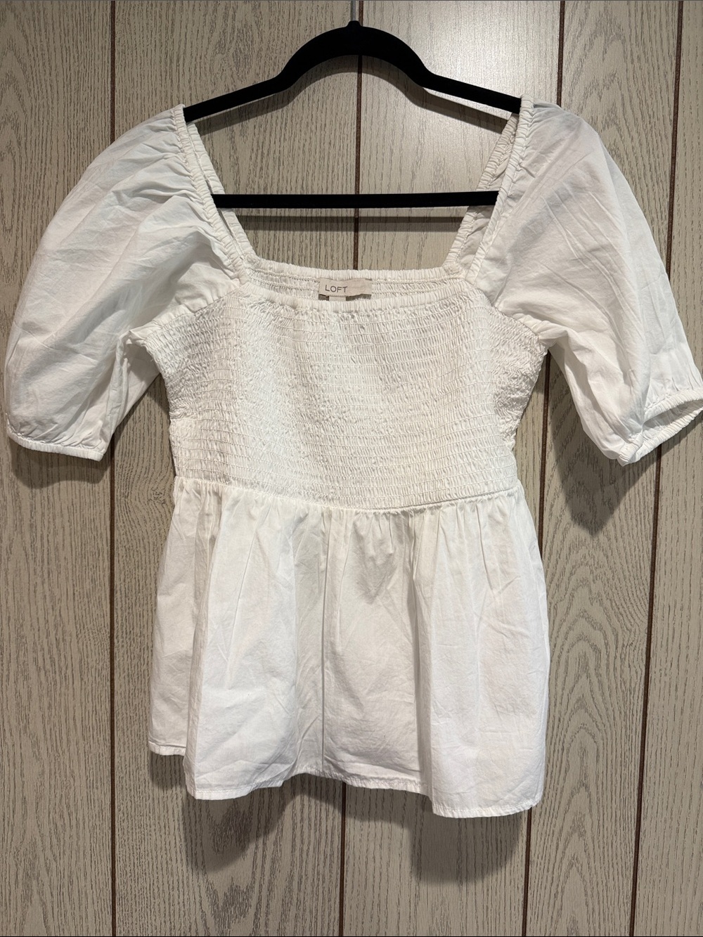 LOFT White Smocked Square-Neck Peplum Blouse with Puff Sleeves size S